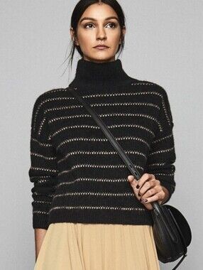 Reiss Cammie Alpaca Wool Black & Tan Stripe Turtleneck Jumper Sweater Size S